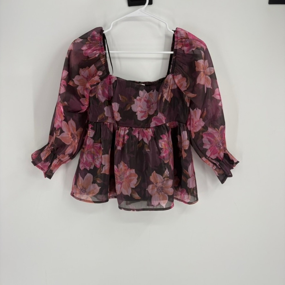 THIRTY THIRTY Floral Print Square Neck Smocked Peplum Top Women's M Puff Sleeve